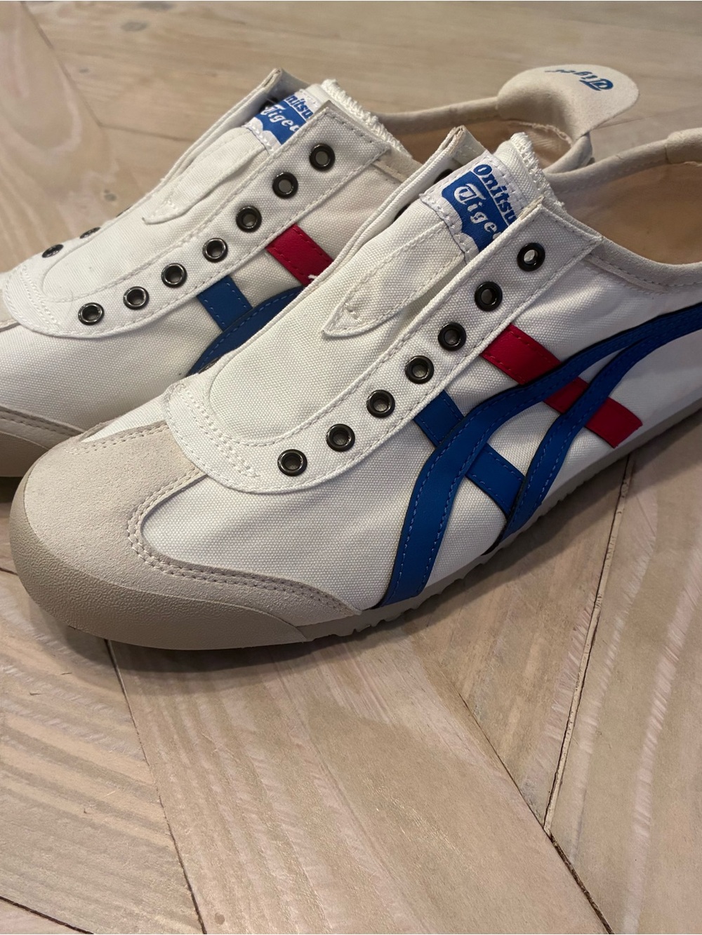 Onitsuka Tiger by Asics White Sneakers with Blue and Red Stripes